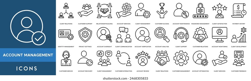 Account Management icon set. Client Relations, Customer Support, Relationship Building, Account Services, Client Management, Customer Success, Account Maintenance and Password Management