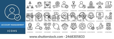 Account Management icon set. Client Relations, Customer Support, Relationship Building, Account Services, Client Management, Customer Success, Account Maintenance and Password Management