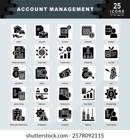 Account Management icon set containing asset, payroll, invoice, financial report, expenses, investment, hirearchy, id card, Management, money, mitigation icon. Simple glyph vector