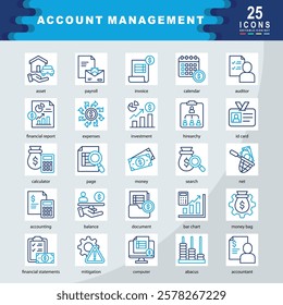 Account Management icon set containing asset, payroll, invoice, financial report, expenses, investment, hirearchy, id card, Management, money, mitigation icon. Simple vector illustration
