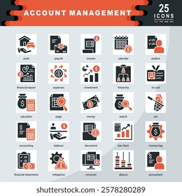 Account Management icon set containing asset, payroll, invoice, financial report, expenses, investment, hirearchy, id card, Management, money, mitigation icon. Simple vector illustration