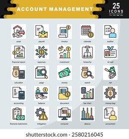 Account Management icon set containing asset, payroll, invoice, financial report, expenses, investment, hirearchy, id card, Management, money, mitigation icon. Simple flat line vector