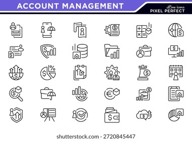 Conjunto de iconos de línea de administración de Cuentas. Saldo, gráficos, informes, finanzas, cambio de divisas, guardias de seguridad, estados de cuenta, contadores, auditorías financieras iconos vectoriales. Trazo editable