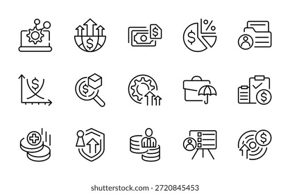 Conjunto de iconos de línea de administración de Cuentas. Saldo, gráficos, informes, finanzas, cambio de divisas, guardias de seguridad, estados de cuenta, contadores, auditorías financieras iconos vectoriales. Trazo editable