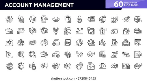 Conjunto de iconos de línea de administración de Cuentas. Saldo, gráficos, informes, finanzas, cambio de divisas, guardias de seguridad, estados de cuenta, contadores, auditorías financieras iconos vectoriales. Trazo editable