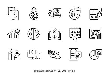 Conjunto de iconos de línea de administración de Cuentas. Saldo, gráficos, informes, finanzas, cambio de divisas, guardias de seguridad, estados de cuenta, contadores, auditorías financieras iconos vectoriales. Trazo editable