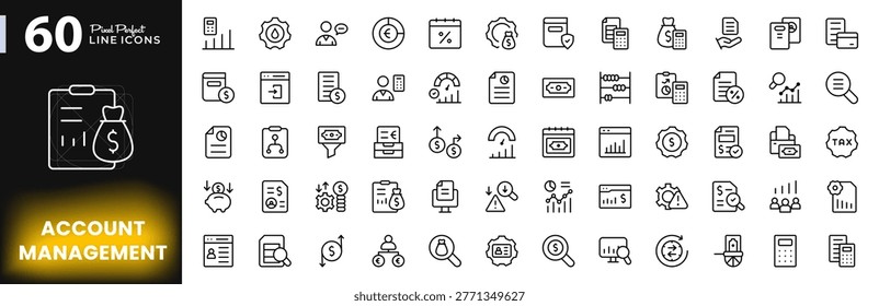 Account management line icon set. Financial auditing, business, bookkeeping, and professional banking tax report vector icons pack. Editable pixel-perfect stroke