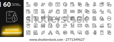 Account management line icon set. Financial auditing, business, bookkeeping, and professional banking tax report vector icons pack. Editable pixel-perfect stroke