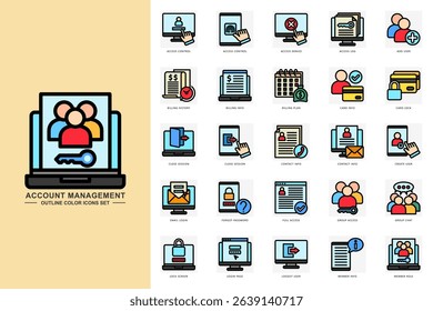 Account management outline color icons set. contain access control, add user, card info, member info and more. use for modern concept, print, UI, UX kit, web and app development. Vector EPS 10
