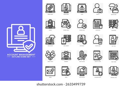 Account management outline icons set. contain admin panel, data import, data reset, personal data, inbox and more. use for modern concept, print, UI, UX kit, web and app development. Vector EPS 10
