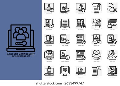 Account management outline icons set. contain access control, add user, card info, member info, login page and more. use for modern concept, print, UI, UX kit, web and app development. Vector EPS 10