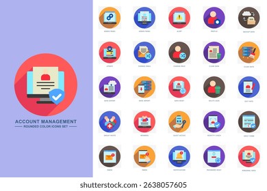 Account management rounded flat color icons set. contain admin panel, data import, data reset, personal data and more. use for modern concept, print, UI, UX kit, web and app development. Vector EPS 10