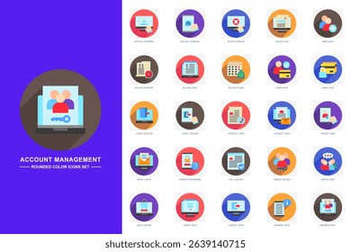 Account management rounded flat color icons set. contain access control, add user, card info, member info and more. use for modern concept, print, UI, UX kit, web and app development. Vector EPS 10