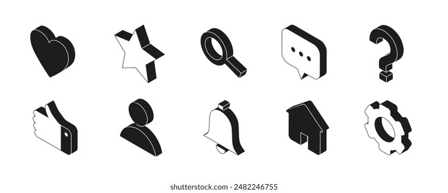 Account management vector icons collection. Isometric style monochrome symbols for user profile, notification, help and more