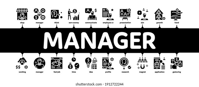 Account Manager Work Minimal Infographic Web Banner Vector. Manager Businessman Idea For Sale Production And Marketing, Communication And Leadership Black Illustration