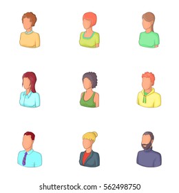 Account of men and women icons set. Cartoon illustration of 9 account of men and women vector icons for web