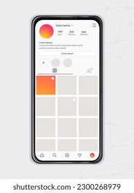 Account phone display. Interface for social networks, photos and stories, videos. Template, layout and mock up. UI and UX design for smartphone. Realistic 3D vector illustration