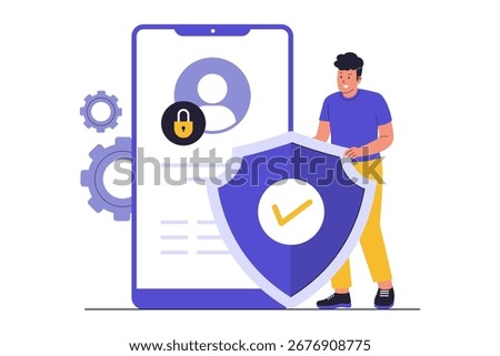 Account Privacy and Data Protection Illustration for User Security and Online Profile Management. A modern illustration depicting a man standing next to a smartphone protected by a large shield.