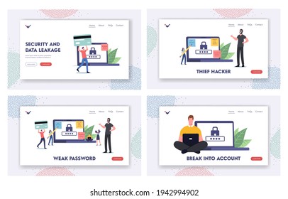 Account Protection Landing Page Template Set. Tiny Characters Around Huge Laptop Work On Pc With Weak Password, Happy Robber, Woman With Pencil, Man With Bank Card. Cartoon People Vector Illustration