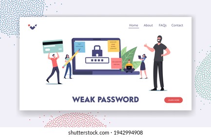 Account Protection Landing Page Template. Tiny Characters Around Huge Laptop Work On Pc With Weak Password, Happy Robber, Woman With Pencil, Man With Bank Card. Cartoon People Vector Illustration