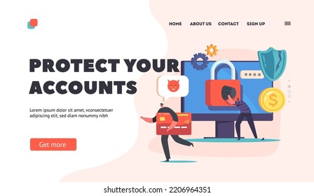 Vorlage für Account Protection-Landing Page. Tiny Hackers Hacking Kreditkarte oder personenbezogene Daten online. Bulgar-Charaktere attackieren enormen Computer über das Internet, Cyber-Kriminalität. Vektorgrafik von Cartoon People