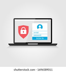 Account protection on laptop screen concept. Security authentication to protect privacy files, data or documents. Login interface template with shield and lock symbol, vector illustration