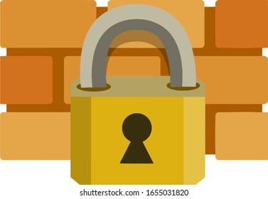 Protección y seguridad de cuentas. Pared de ladrillo rojo y cerradura. Bloquear el sistema. Icono de la aplicación. antivirus de Internet. Ilustración plana