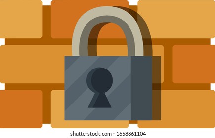 Account protection and security. Red brick wall and closed lock. Blocking the system. Icon for the app. Internet antivirus. Flat illustration