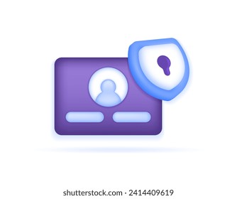 Account protection. User security and privacy. Prevention and safeguarding from theft of account information data. Login page and shields . symbols. Minimalist 3D concept design. graphic elements