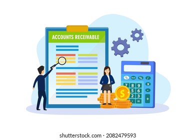 Account Receivable Vector Concept: Business Team Checking Account Receivable Data On The Laptop While Looking With Magnifying Glass