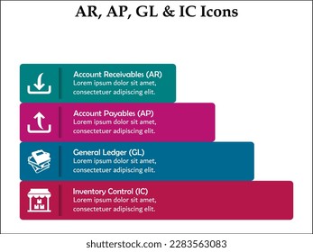 Account receivables(AR), Account Payables(AP), General Ledger(GL), Inventory Control(IC) Icons. Infographic template with icons and description placeholder