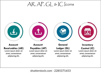 Account receivables(AR), Account Payables(AP), General Ledger(GL), Inventory Control(IC) Icons. Infographic template with icons and description placeholder