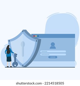 account security concept. businesswoman holding key to access security system protecting user account data and password to login.