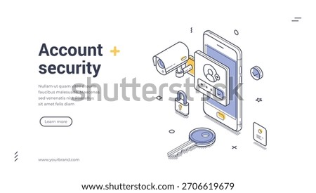 Account security and digital data protection concept with smartphone login authentication encryption and shield Modern isometric banner vector template for cybersecurity app website and fintech design