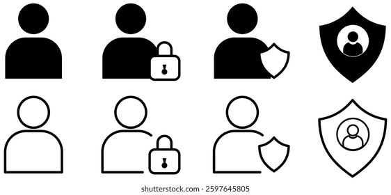 Account security icons. User, avatar, person, profile with shield protection and padlock with check mark icon symbol.Vector illustration