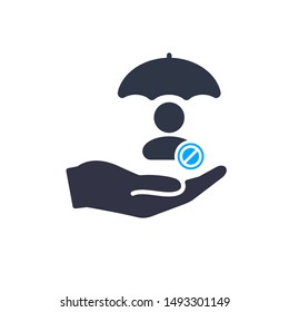 Account security sign. User with umbrella, protection concept icon with not allowed sign, block, forbidden, prohibit symbol