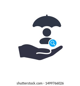 Account security sign. User with umbrella, protection concept icon with research sign, explore, find, inspect symbol