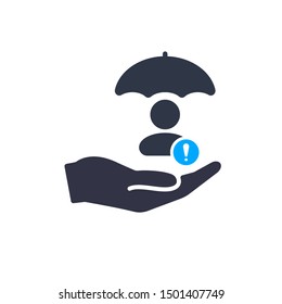 Account security sign. User with umbrella, protection concept icon with exclamation mark, alert, error, alarm, danger symbol