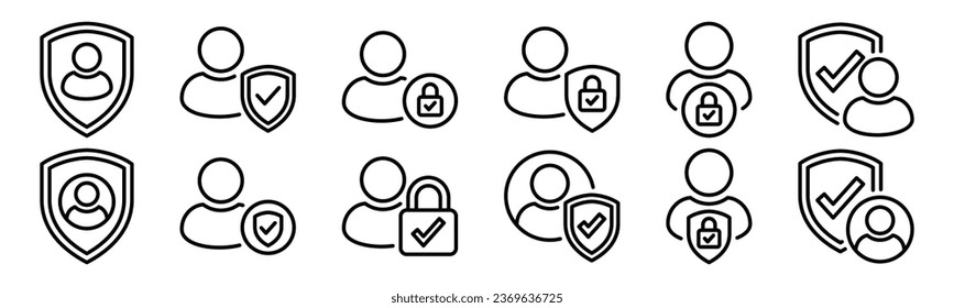 Account security thin line icons. People, user, avatar, person, profile with shield protection and padlock with check mark icon symbol. Editable stroke. Vector illustration