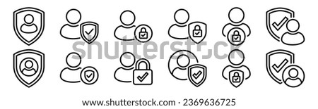 Account security thin line icons. People, user, avatar, person, profile with shield protection and padlock with check mark icon symbol. Editable stroke. Vector illustration