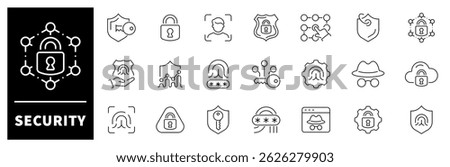 Account security vector icons. Account security icon set. Protection, account, data protection, secure, security, privacy, account security related icons. Thin line icons, editable stroke