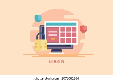 Account security, Website login, Password protection, Online locker, Data protection, Login panel - flat design vector illustration with icons