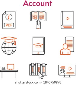 account set. included study, pdf, ebook, desktop, instructor, school, book, student-tablet icons. bicolor styles.