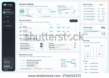 Account settings dashboard interface for healthcare workspace management with team permissions, activity feed and calendar