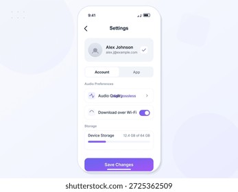 A interface de configurações da conta mostra detalhes e opções do usuário para qualidade e armazenamento de áudio. Possui alternância para downloads de Wi-Fi e informações sobre a capacidade de armazenamento.