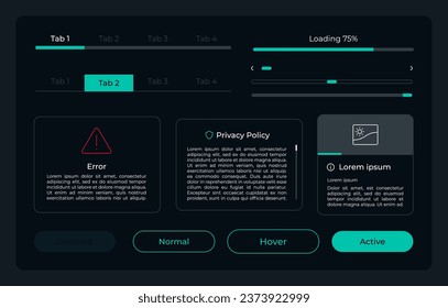 Account settings UI elements kit. Adjustment isolated vector components. Flat navigation menus and interface buttons template. Web design widget collection for mobile application with dark theme