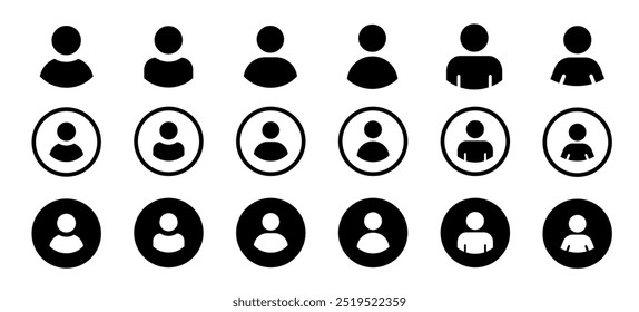  Sinal da conta. Ícone de usuário vetor definido. Avatar vetorial. Perfil e coleção de silhuetas de pessoas. Ilustração vetorial