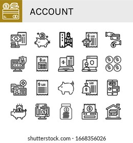 account simple icons set. Contains such icons as Credit card, Bill, Piggy bank, Supervisor, Cash back, Login, Administrator, Dollar, Account, can be used for web, mobile and logo