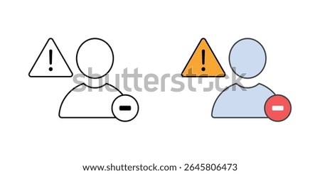 Account suspension icon with user avatar, minus sign, and alert triangle, in outline and color styles, perfect for illustrating account restriction, user access suspension, and IT security enforcement