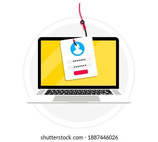 Account theft. Laptop with login into account in fish hook. Hacking and identity theft. Internet phishing attack, hacked login and password. Hacking and identity theft. Network and internet security